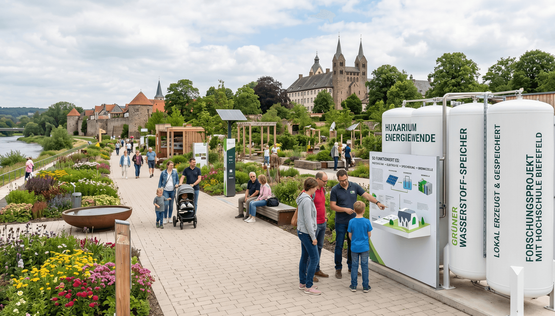 Wasserstoffspeicher der Agri-Photovoltaik-Anlage auf der Landesgartenschau Höxter 2023 — beschriftet als „Huxarium Energiewende: Grüner Wasserstoff lokal erzeugt und gespeichert“ und „Forschungsprojekt mit Hochschule Bielefeld“. Im Hintergrund die Höxteraner Altstadt mit Blick auf das UNESCO-Welterbe Corvey.