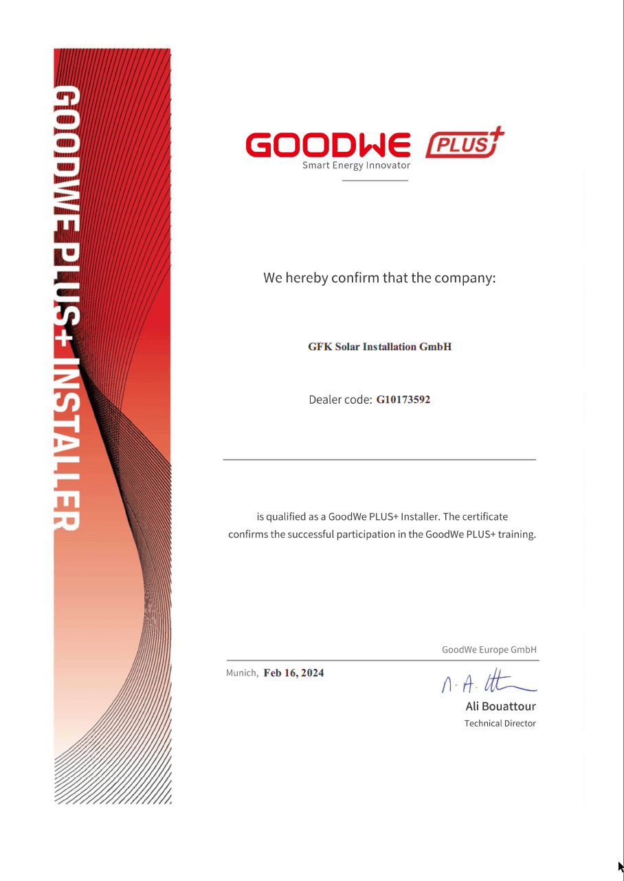 GoodWe PLUS+ Installer Zertifikat (Schulungsnachweis) — GFK Solar Installation GmbH