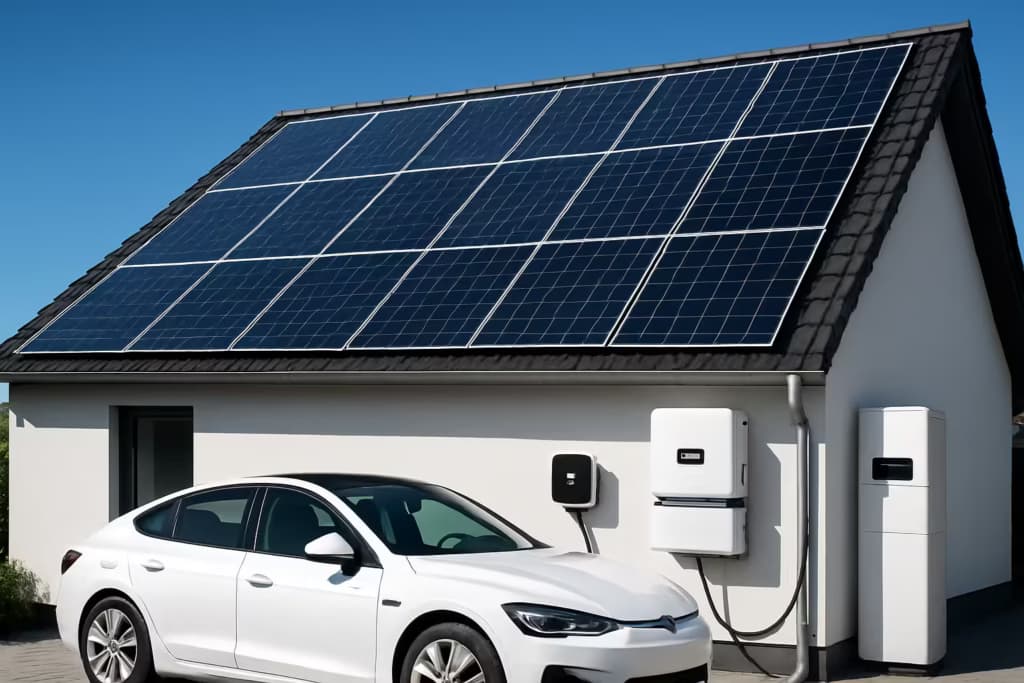 Elektroauto an einer bidirektionalen Wallbox mit Solaranlage auf dem Dach eines Einfamilienhauses in Brandenburg