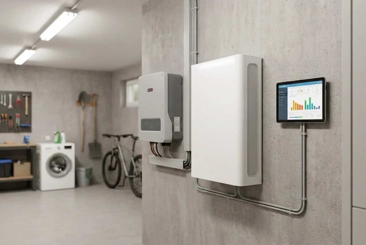 Weißer Lithium-Heimspeicher an der Wand eines Technikraums mit Wechselrichter und Tablet mit Energie-Dashboard