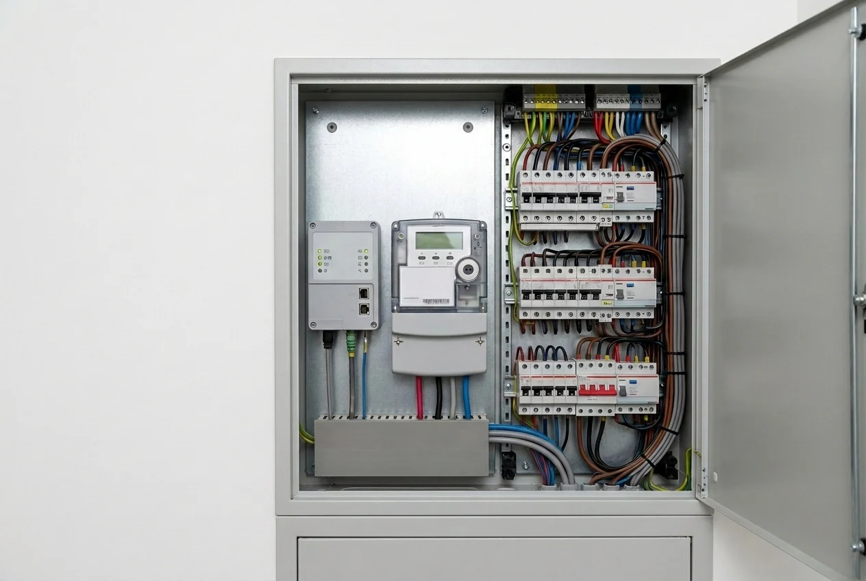 Offener Zählerschrank mit digitalem Smart Meter, grauer Steuerbox und Reihen von Sicherungsautomaten