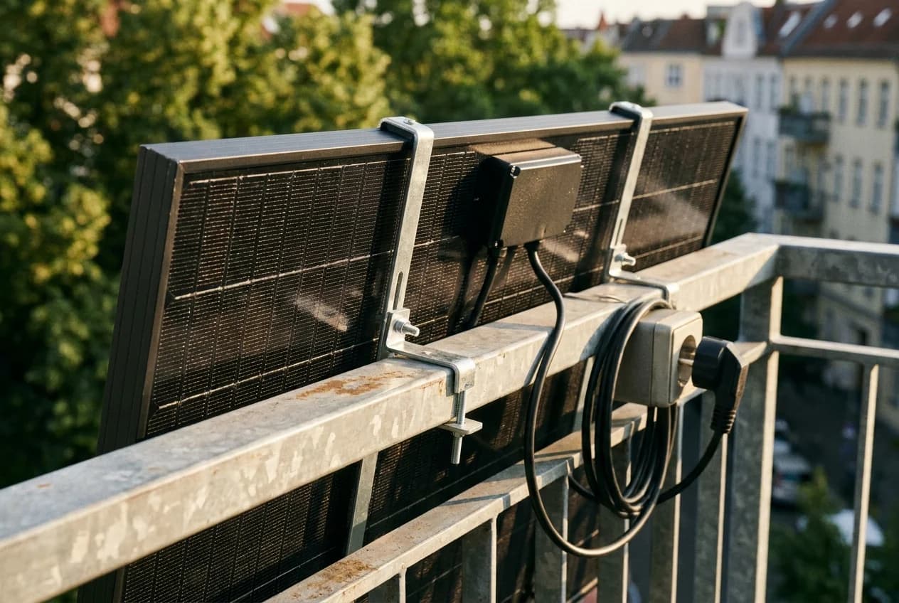 Nahaufnahme eines Balkonkraftwerks am Balkongeländer: Solarmodul, Mikro-Wechselrichter und schwarzes Kabel mit Schuko-Stecker