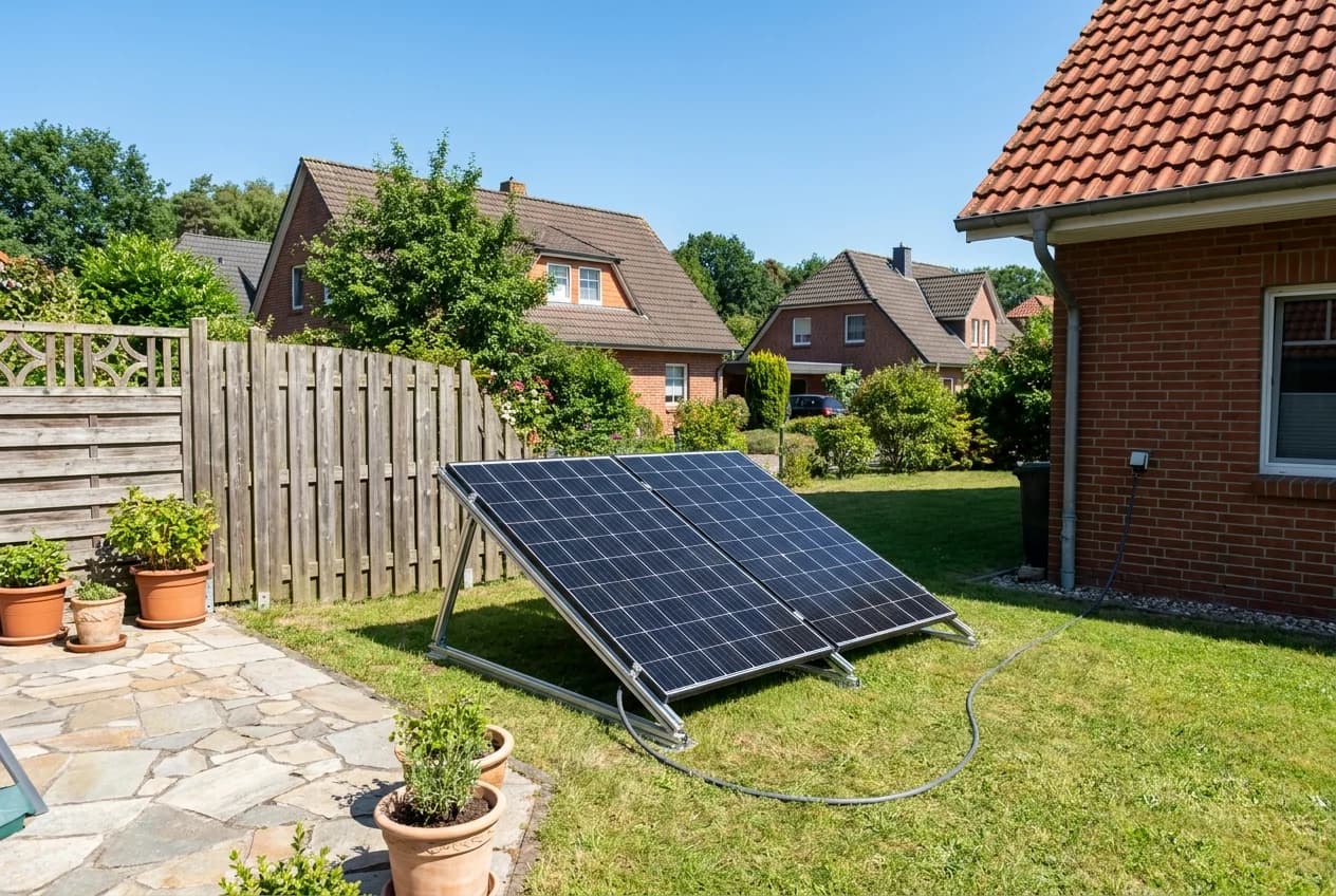 Zwei Solarmodule eines Balkonkraftwerks auf einem Aufständerungs-Gestell im Garten eines Einfamilienhauses in einer deutschen Vorstadt