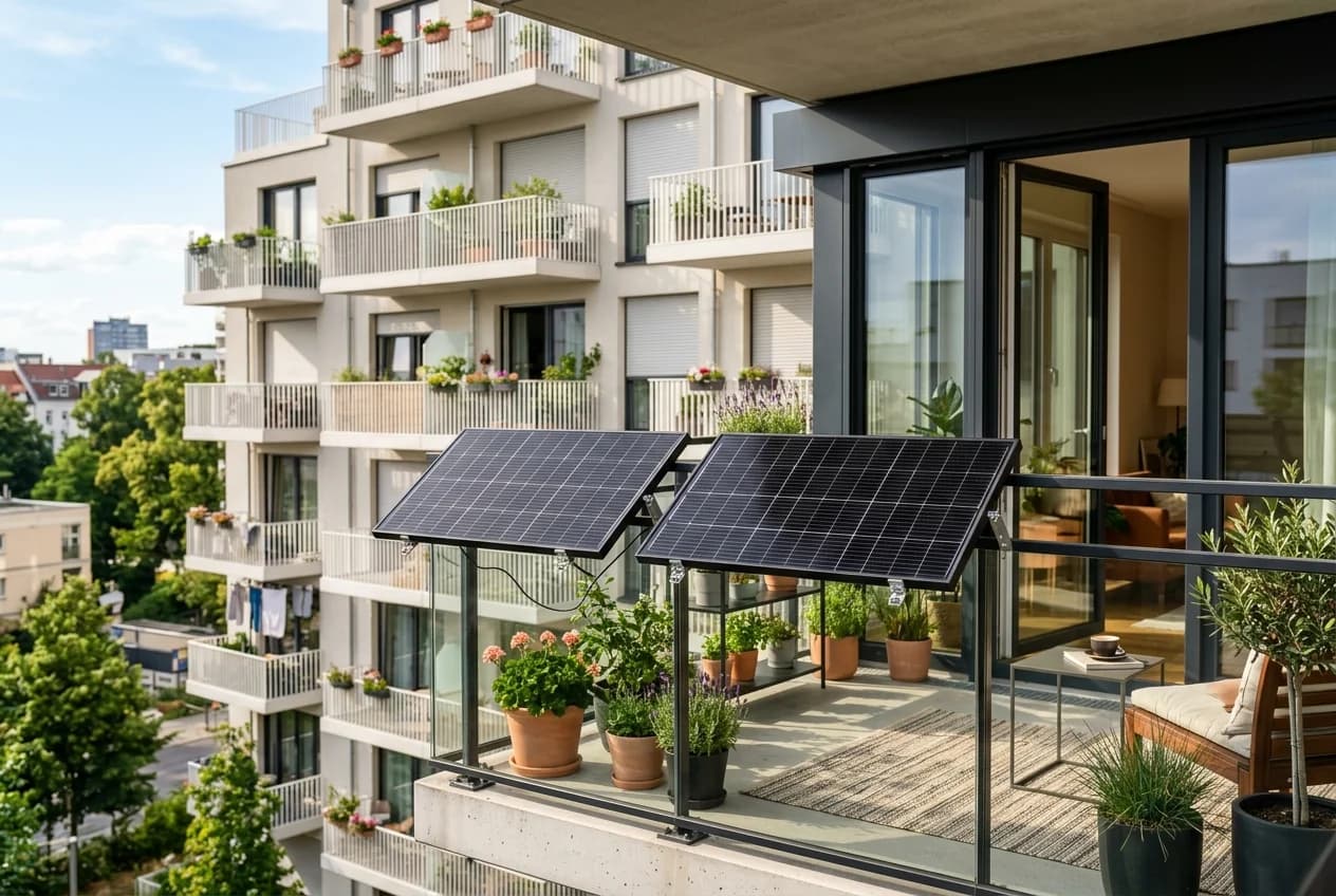 Balkonkraftwerk mit zwei Solarmodulen auf einem deutschen Stadtbalkon