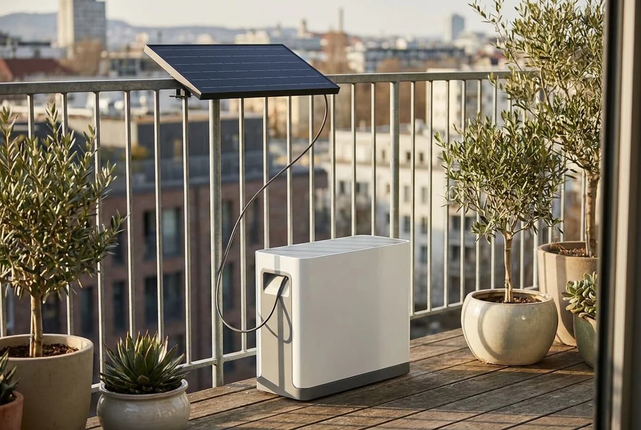 Kompakter Plug-and-Play-Batteriespeicher für ein Balkonkraftwerk auf einem Balkon, verbunden mit einem Solarmodul am Geländer