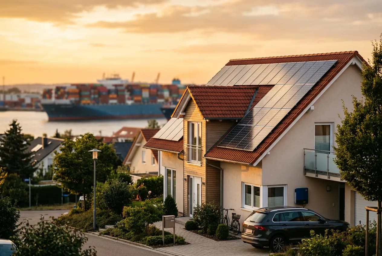 Einfamilienhaus mit Photovoltaik-Anlage im Vordergrund, Containerschiff mit Solarmodul-Containern im Hintergrund — Lieferketten-Symbolik