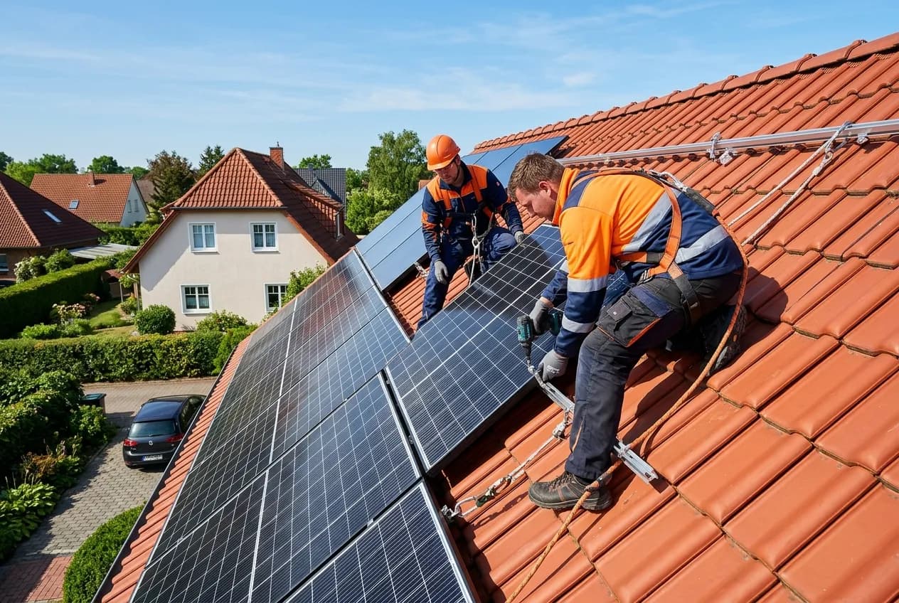 Zwei Solar-Installateure montieren Photovoltaik-Module auf dem roten Ziegeldach eines Brandenburger Einfamilienhauses