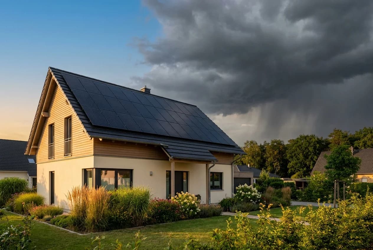Einfamilienhaus mit Photovoltaik-Anlage in Brandenburg, von rechts zieht eine dunkle Gewitterfront auf — Symbolbild für die EEG-Novelle 2027