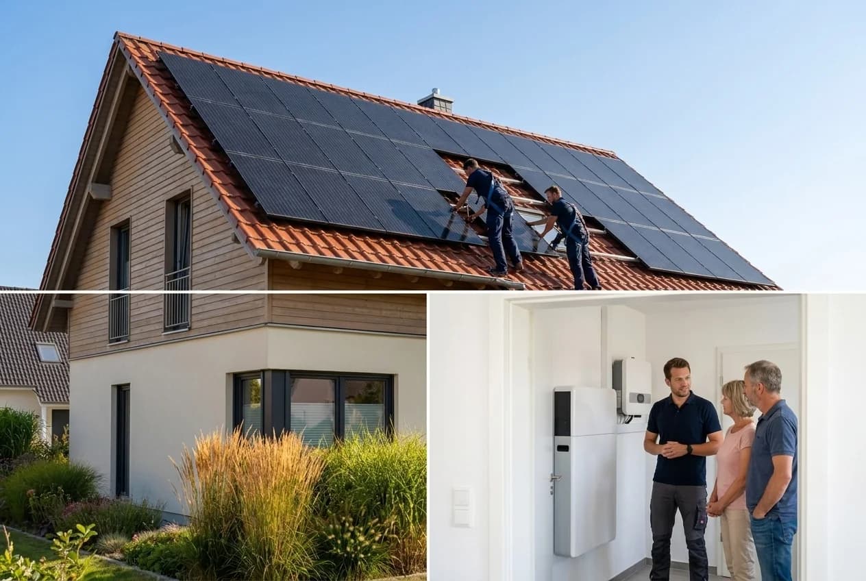 Installateure montieren Solarmodule auf einem Brandenburger Dach, im Vordergrund ein moderner Lithium-Heimspeicher mit Wechselrichter