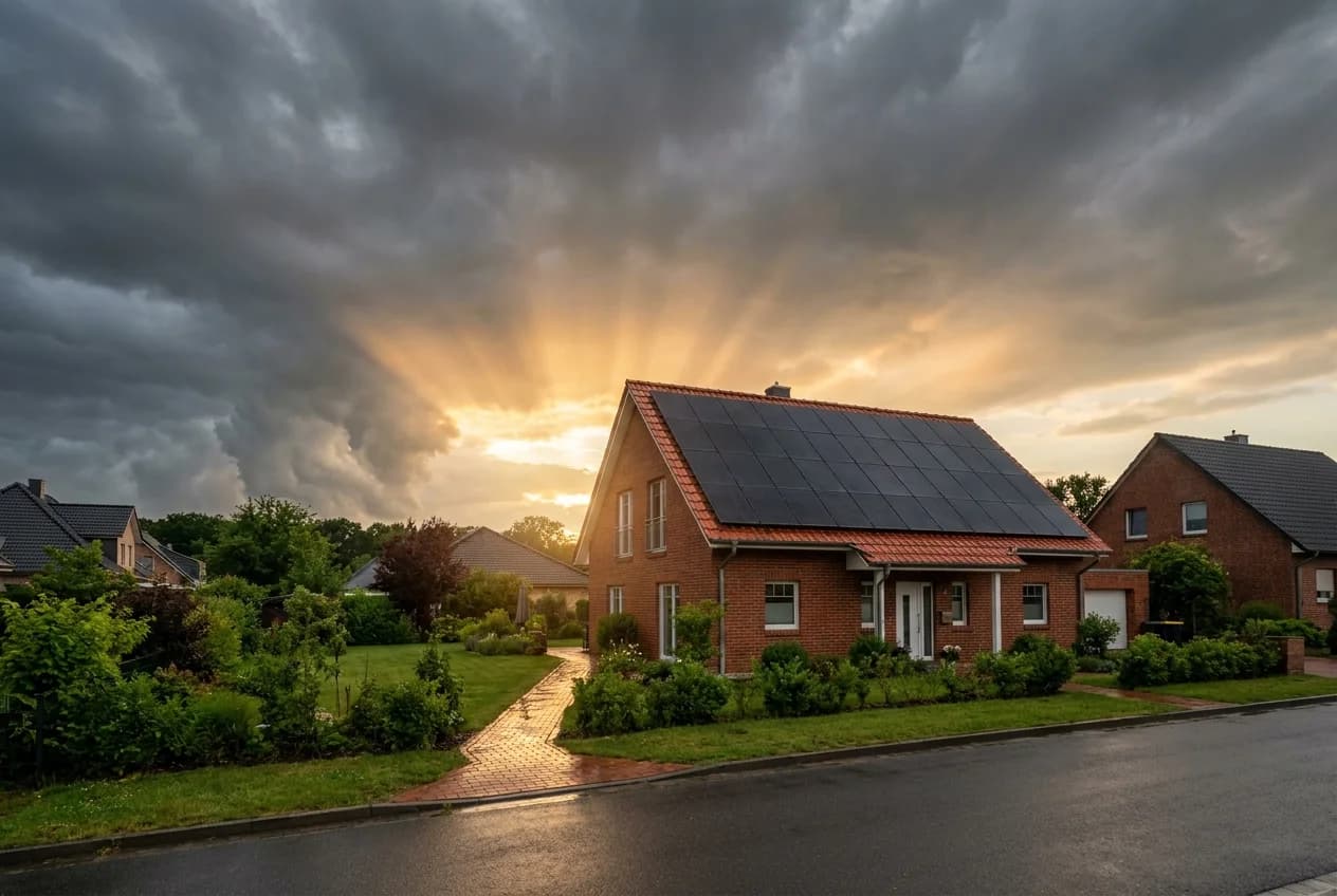 Einfamilienhaus mit Photovoltaik-Anlage in Brandenburg, die Gewitterwolken reißen auf und die Sonne bricht durch
