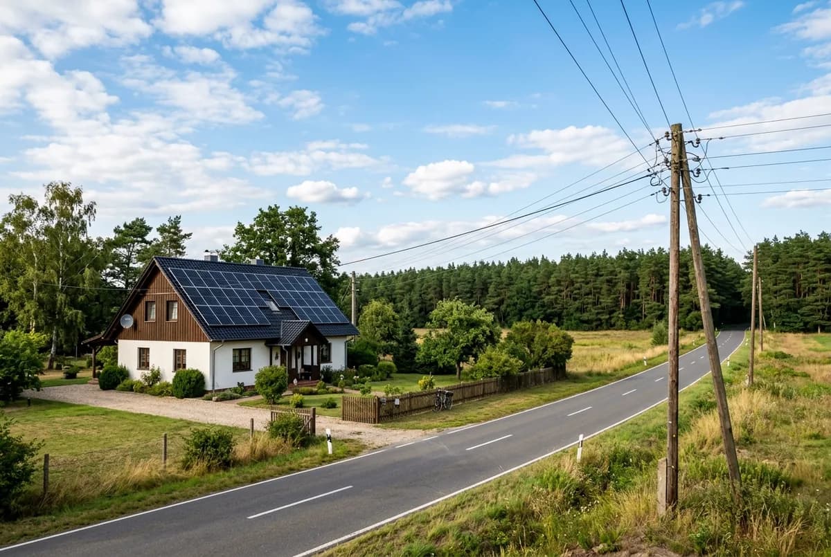 Einfamilienhaus mit Solaranlage an einer Brandenburger Landstraße mit Freileitung — Netzanschluss im E.DIS-Gebiet