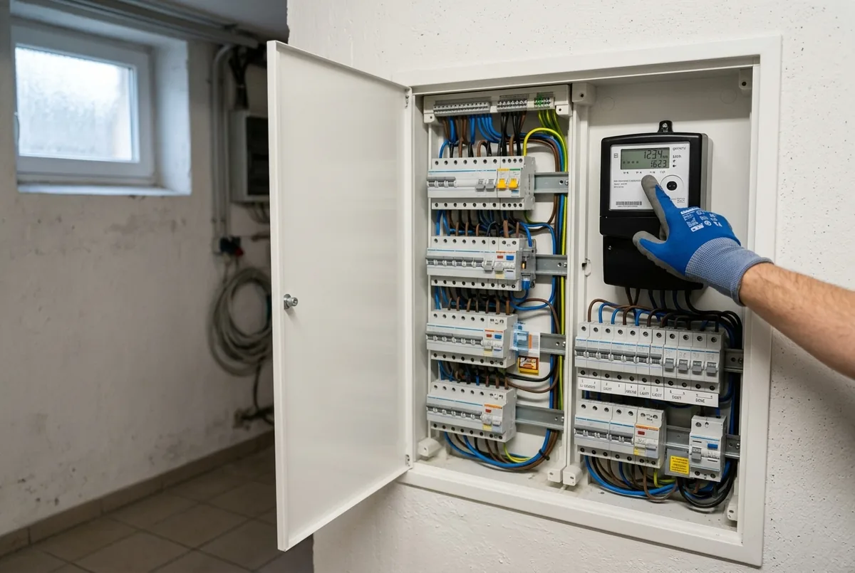 Zählerschrank mit modernem Stromzähler — die Netzanmeldung bei Stromnetz Berlin läuft über den Elektrofachbetrieb