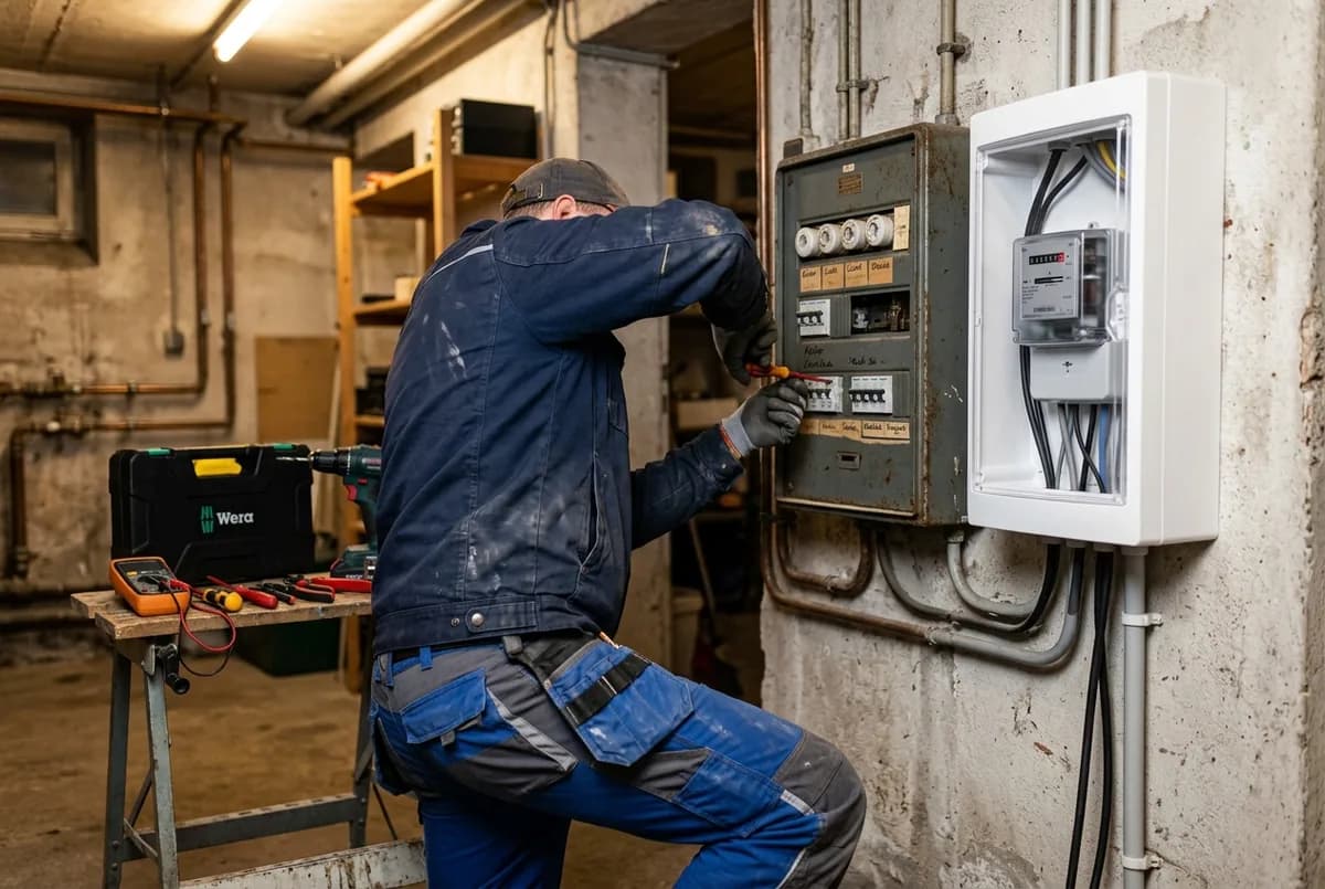 Elektriker montiert einen neuen Zählerschrank neben dem alten Sicherungskasten im Keller