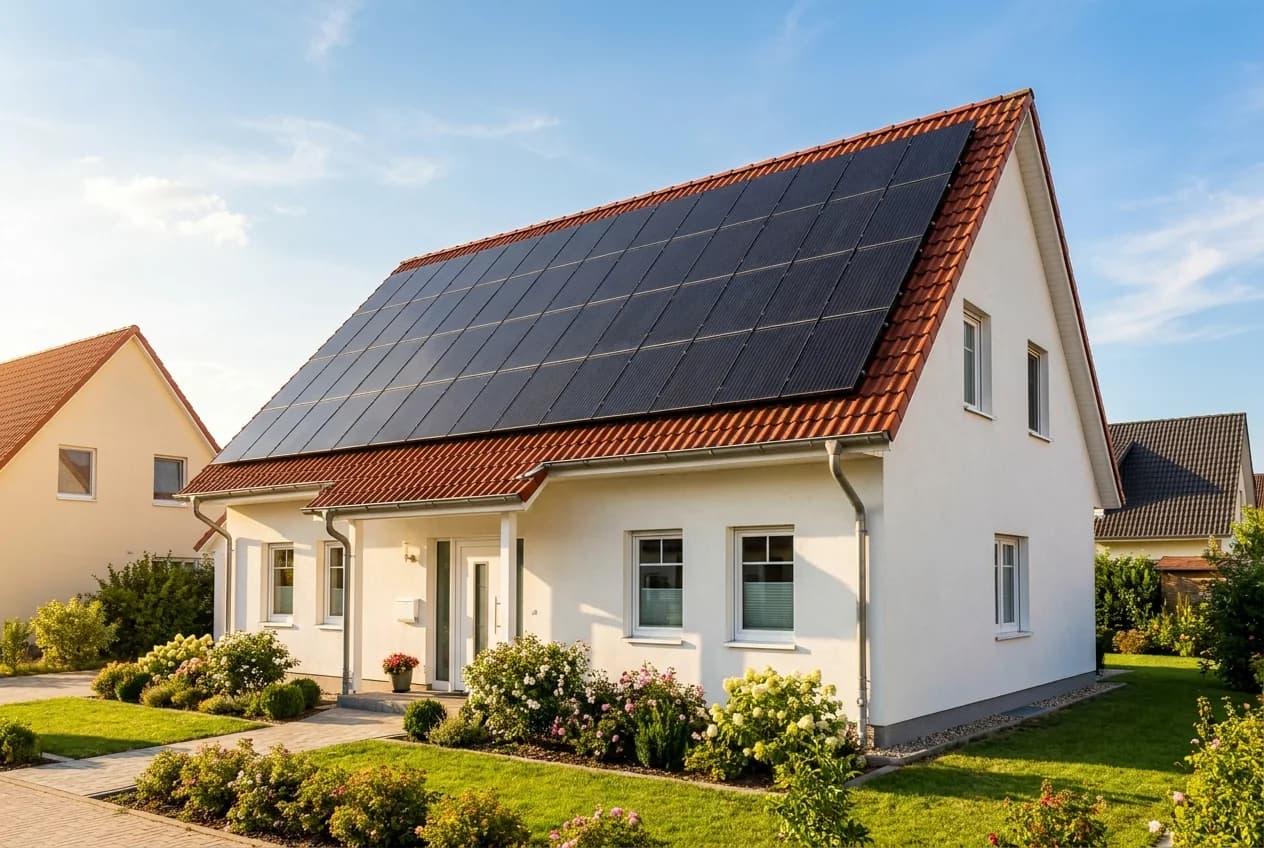 Einfamilienhaus in Brandenburg mit Solaranlage auf dem Dach an einem sonnigen Tag