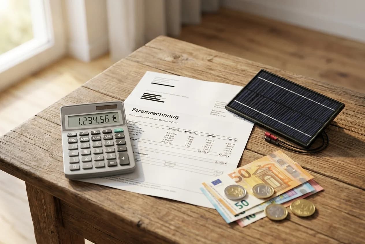 Taschenrechner mit Betrag, eine Stromrechnung, Euro-Scheine und ein kleines Solarmodul auf einem Holztisch — Symbol für die Amortisationsrechnung
