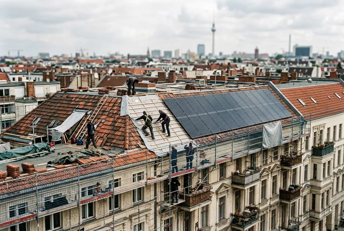 Dachsanierung auf einem Berliner Altbau mit neu montierten Solarmodulen — die Solarpflicht greift beim Dachumbau