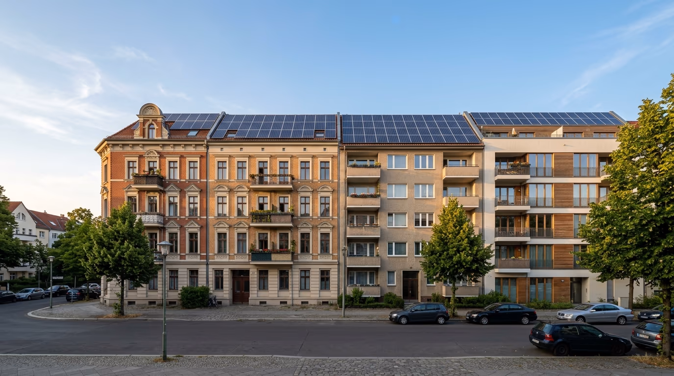Mehrere benachbarte Mehrfamilienhäuser in Berlin mit Photovoltaikanlagen — Energy Sharing und Gemeinschaftliche Gebäudeversorgung